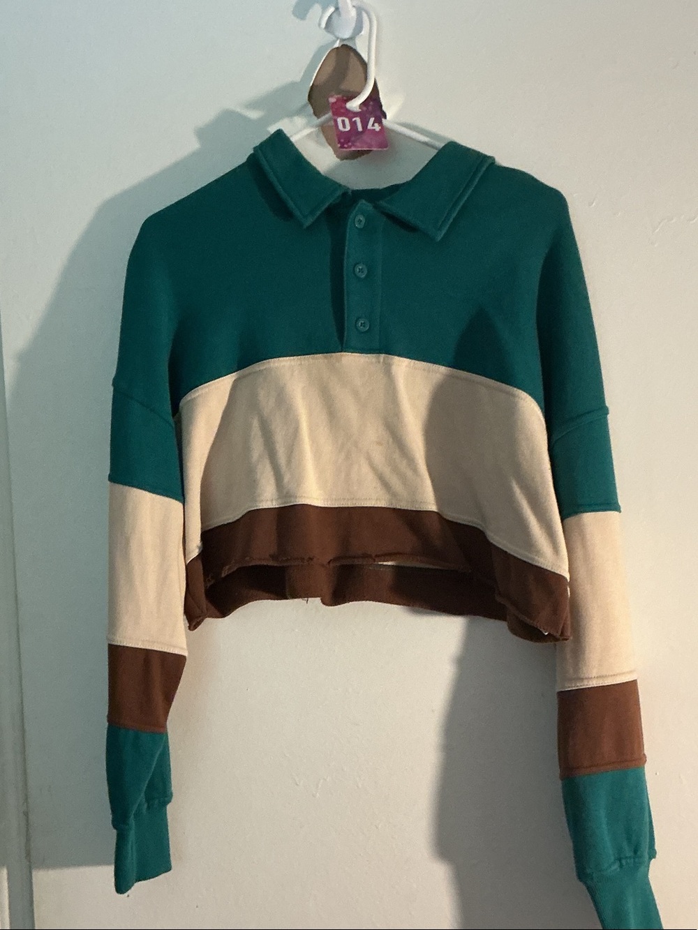 Forever 21 Teal, Cream & Brown Colorblock Cropped Polo